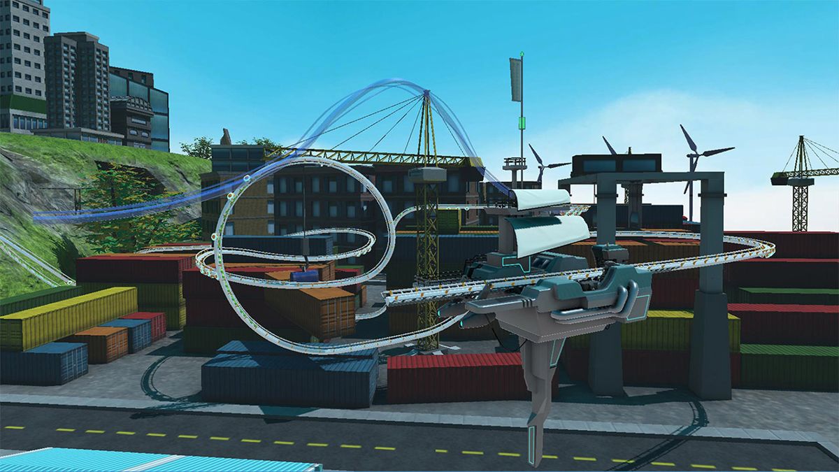 RollerCoaster Tycoon Joyride screenshot: stylized 3d, first-person, no outlines, soft gradient (environment)