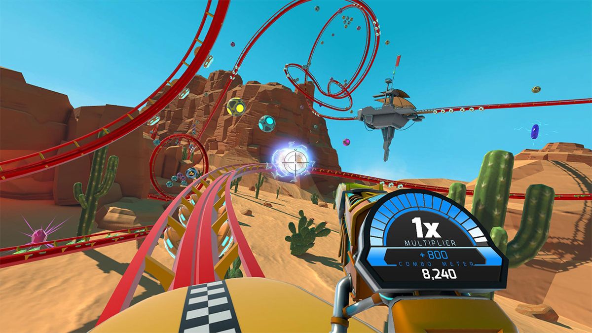RollerCoaster Tycoon Joyride screenshot: stylized 3d, first-person, no outlines, soft gradient (environment, combat)