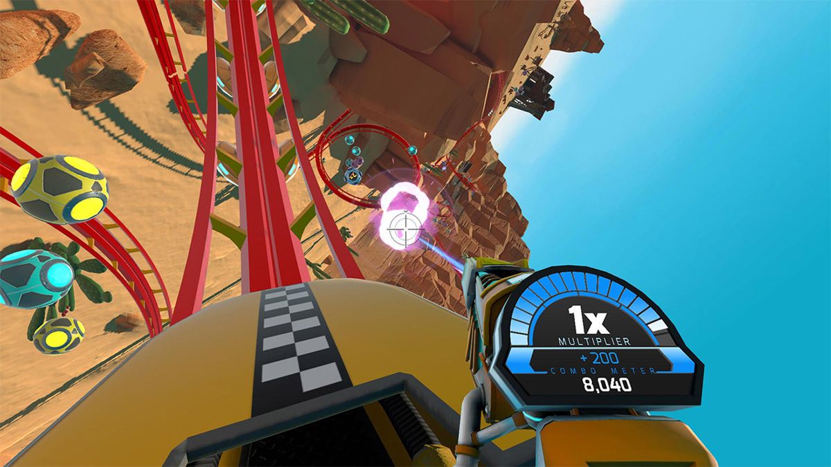 RollerCoaster Tycoon Joyride screenshot: stylized 3d, first-person, no outlines, soft gradient (environment, combat)