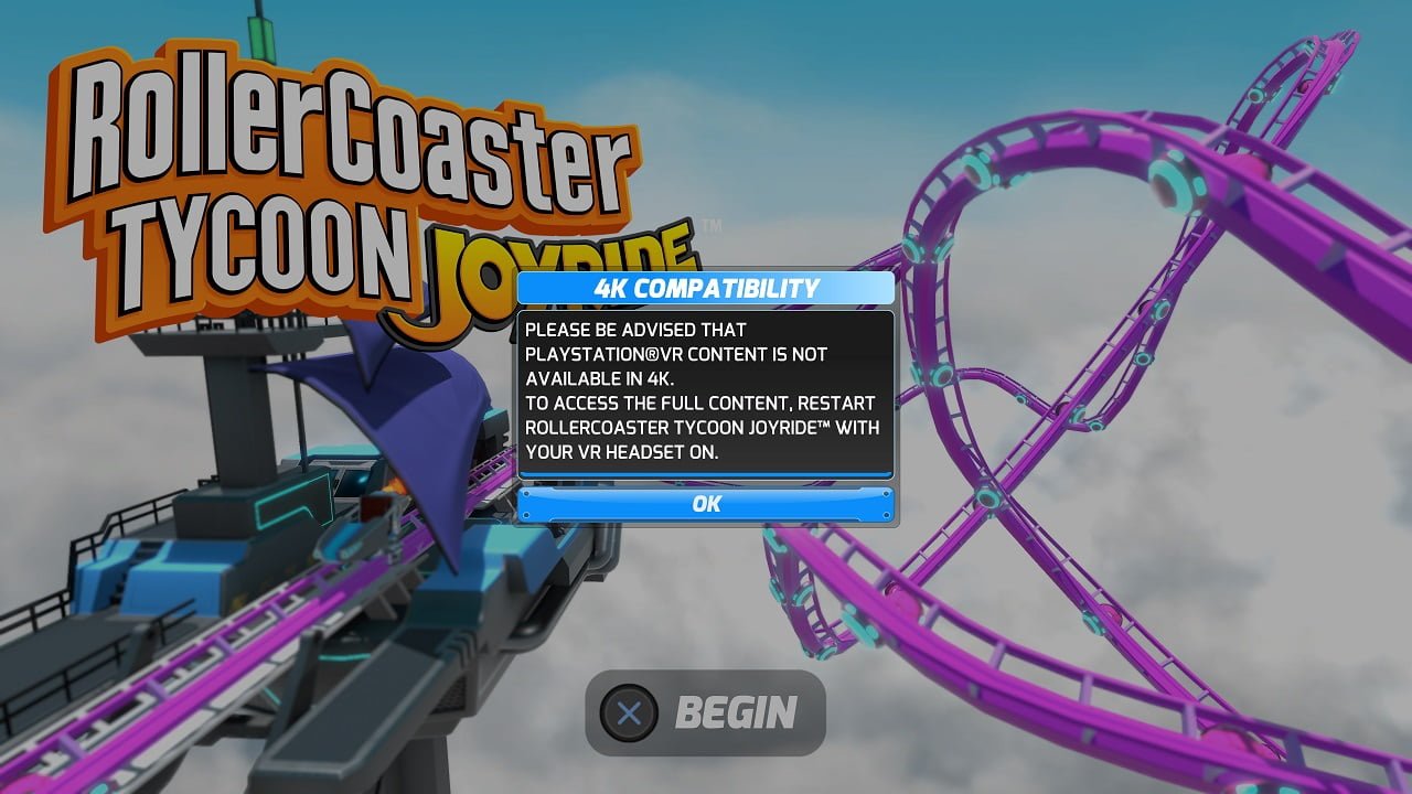RollerCoaster Tycoon Joyride screenshot: stylized 3d, first-person, no outlines, soft gradient (ui / menu)