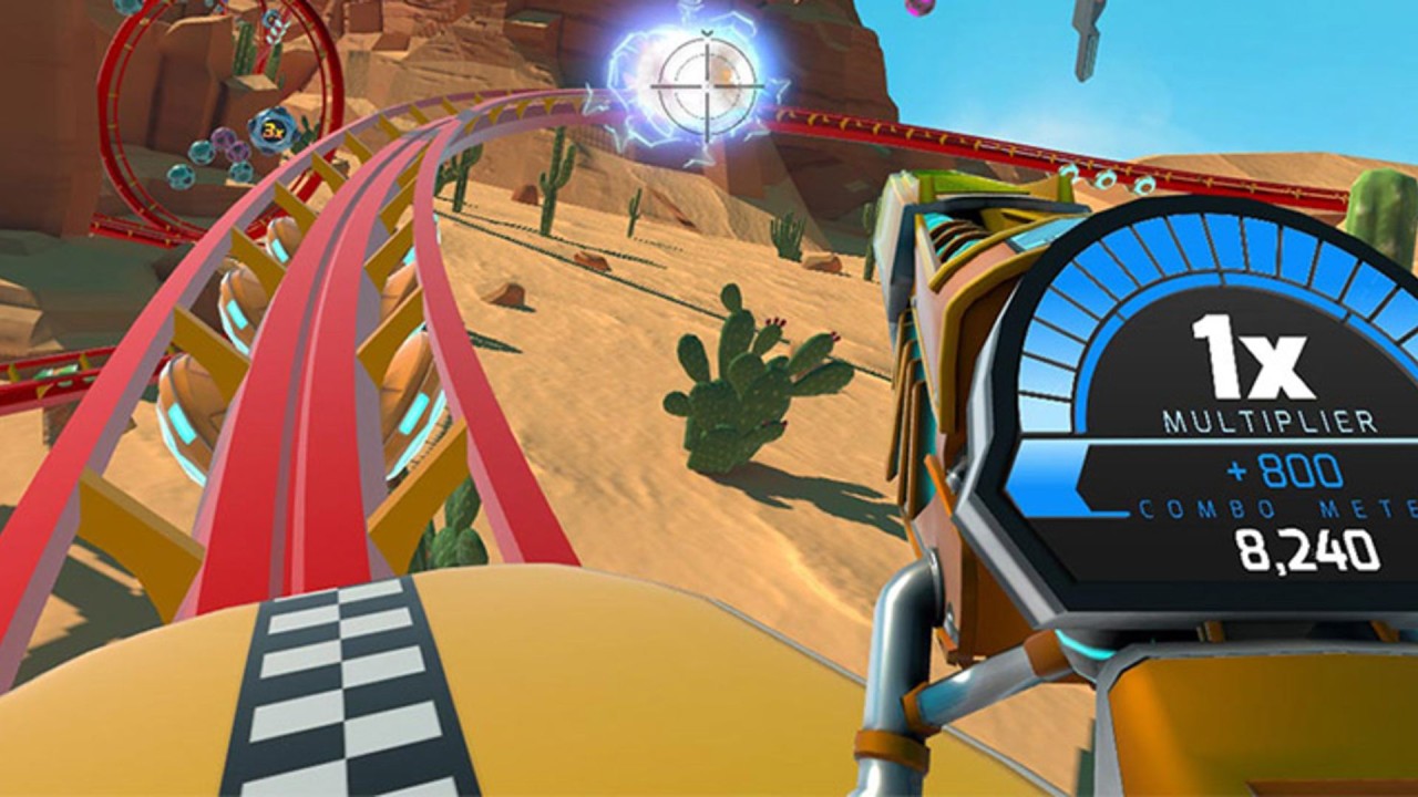 RollerCoaster Tycoon Joyride screenshot: stylized 3d, first-person, no outlines, soft gradient (environment, combat)