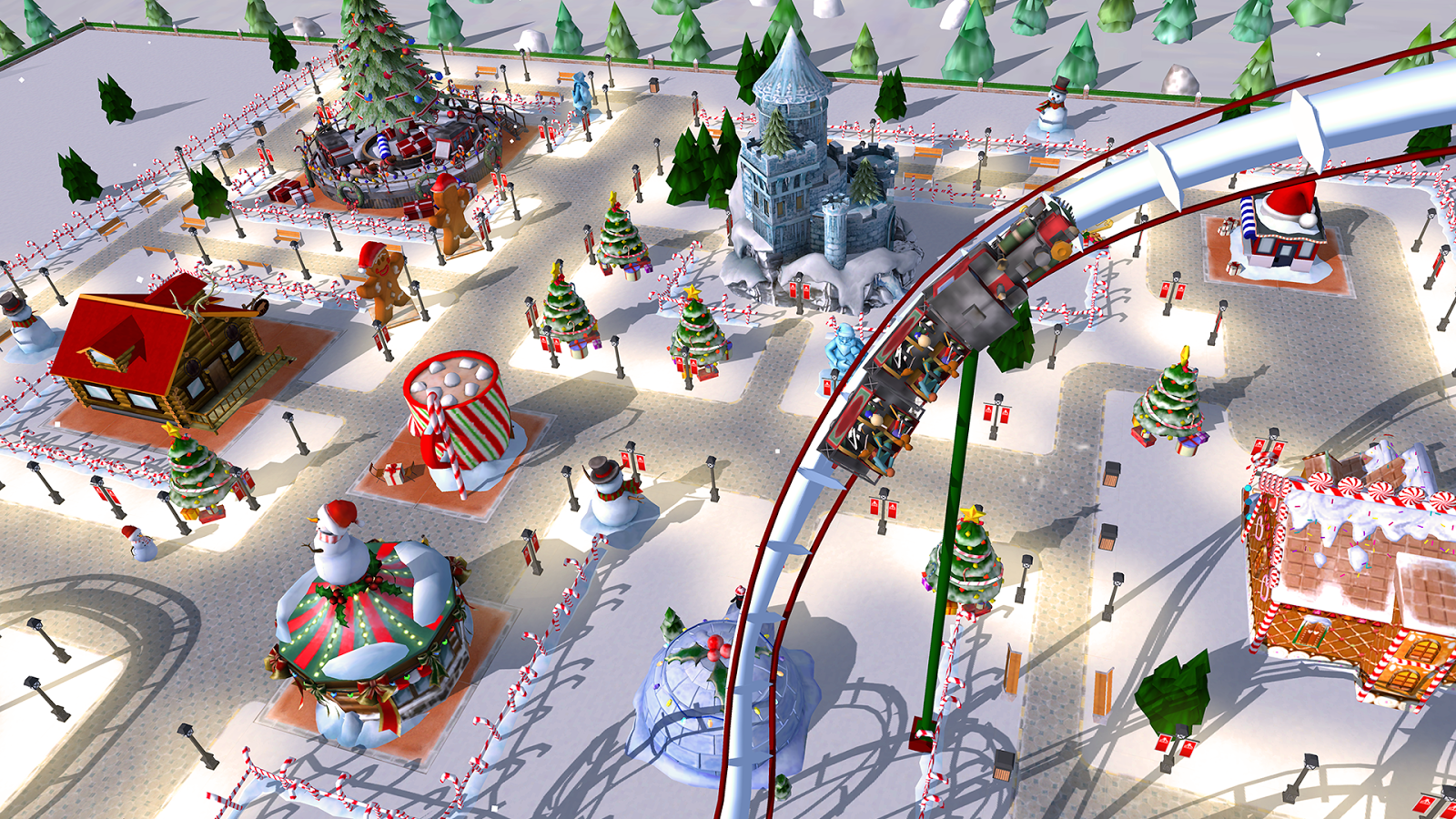 RollerCoaster Tycoon Touch screenshot: stylized 3d, three-quarter, no outlines, soft gradient (environment)