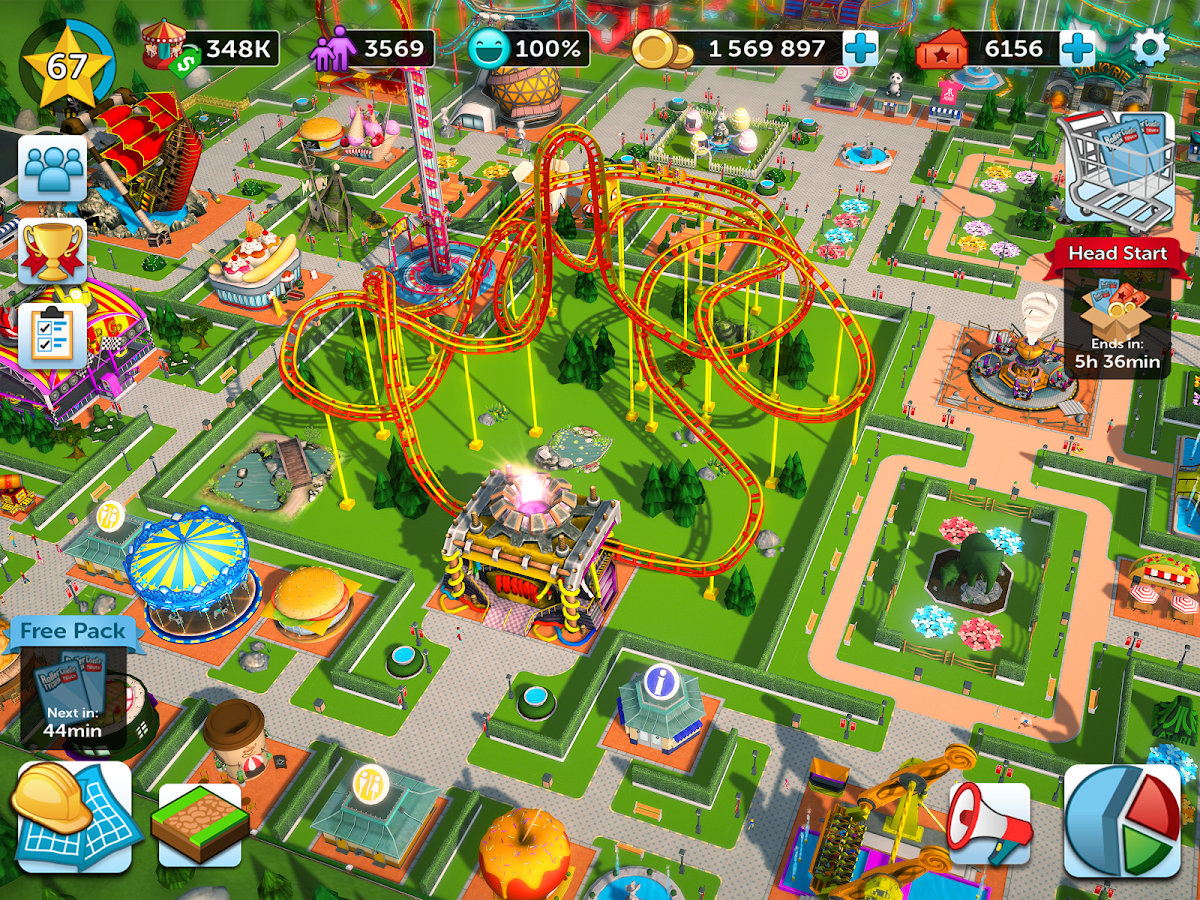 RollerCoaster Tycoon Touch screenshot: stylized 3d, three-quarter, no outlines, soft gradient (environment)