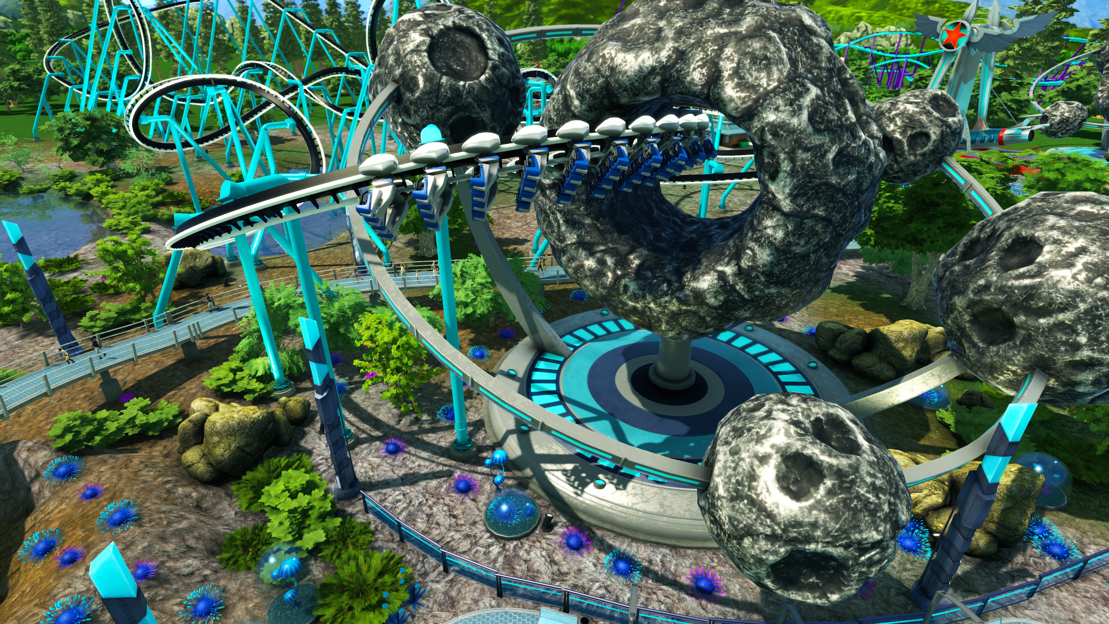 RollerCoaster Tycoon World screenshot: stylized 3d, three-quarter, first-person, no outlines, soft gradient (environment)