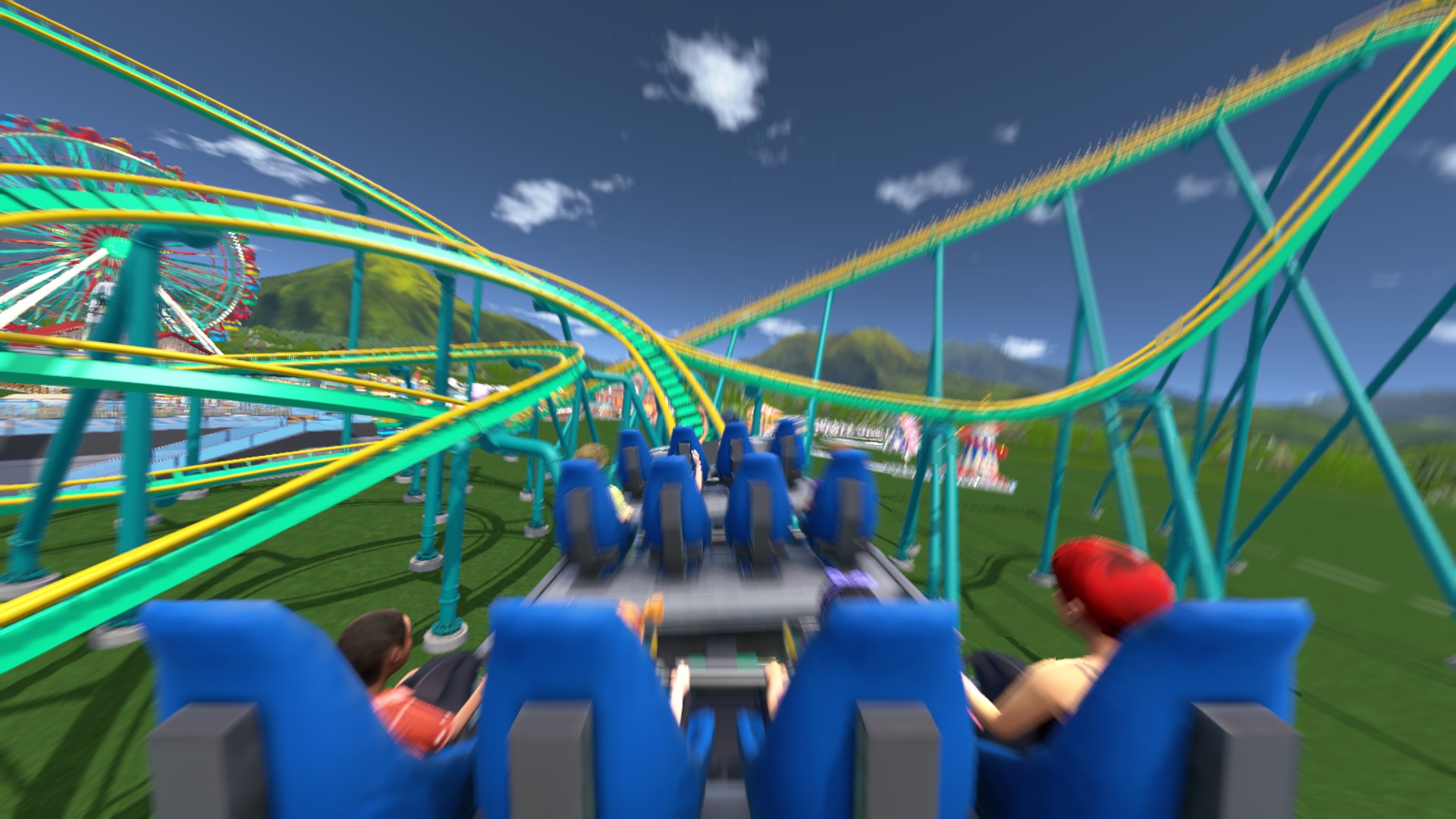 RollerCoaster Tycoon World screenshot: stylized 3d, three-quarter, first-person, no outlines, soft gradient (environment)