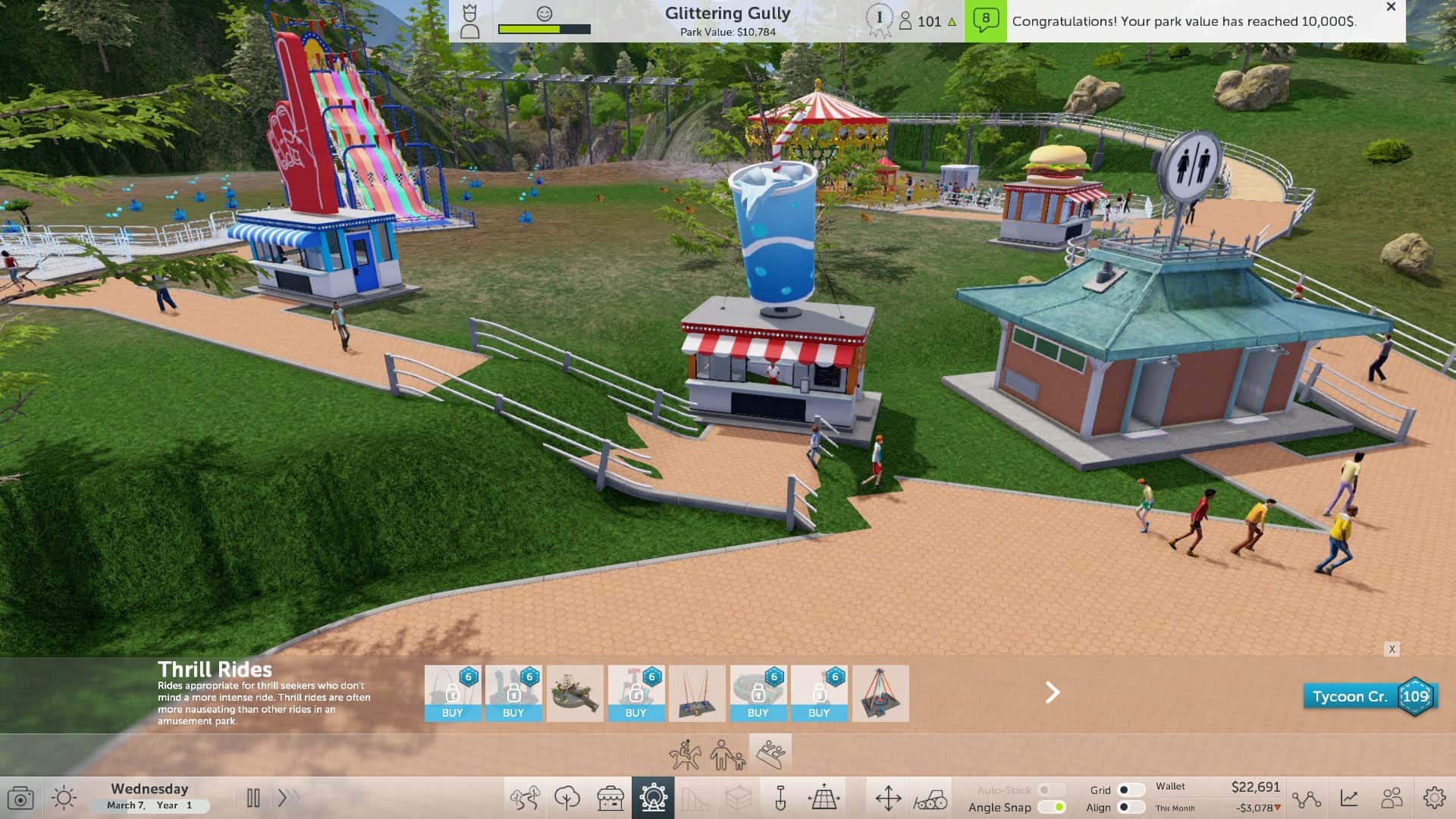 RollerCoaster Tycoon World screenshot: stylized 3d, three-quarter, first-person, no outlines, soft gradient (environment, ui / menu)