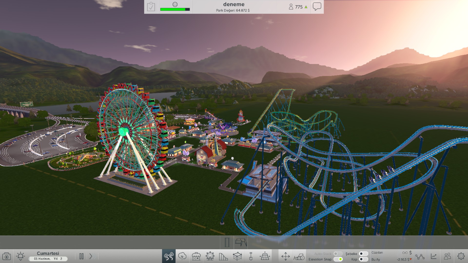 RollerCoaster Tycoon World screenshot: stylized 3d, three-quarter, first-person, no outlines, soft gradient (environment)