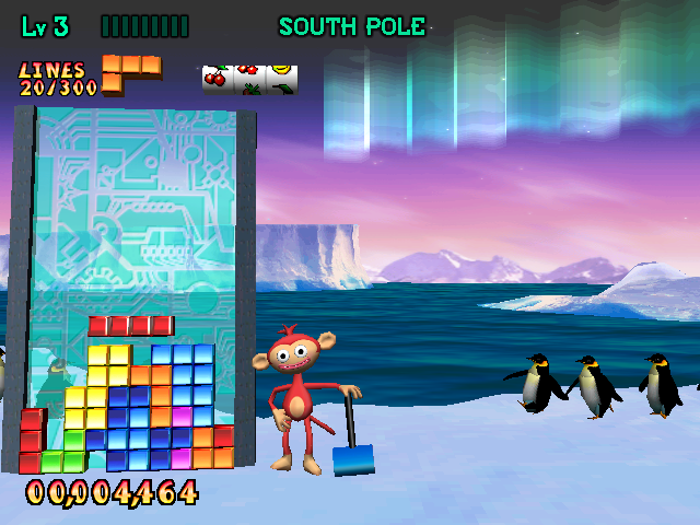 Sega Tetris screenshot: stylized 3d, fixed camera, no outlines, soft gradient (environment, character)