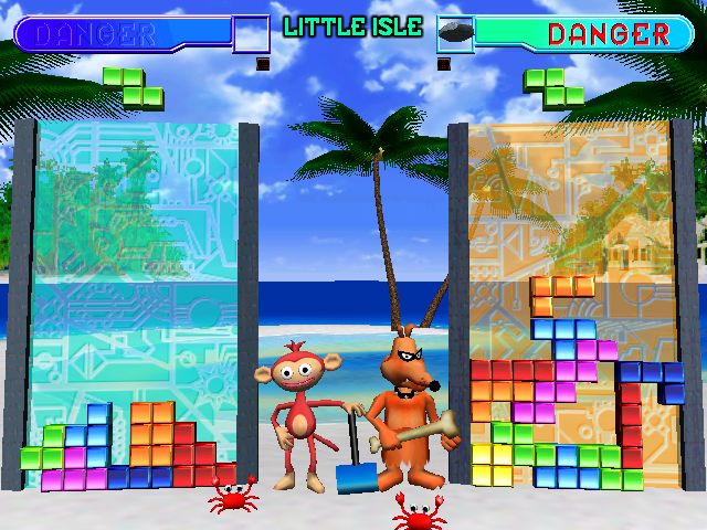 Sega Tetris screenshot: stylized 3d, fixed camera, no outlines, soft gradient (environment, character, ui / menu)