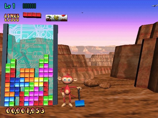 Sega Tetris screenshot: stylized 3d, fixed camera, no outlines, soft gradient (environment, character)