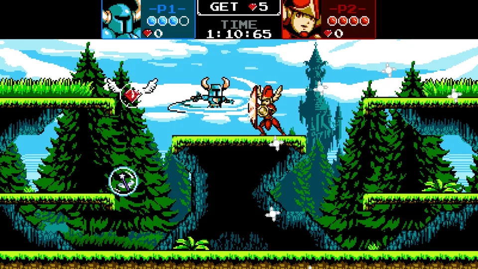 Shovel Knight screenshot: pixel art, side-scrolling, black outlines, flat / unlit (combat)