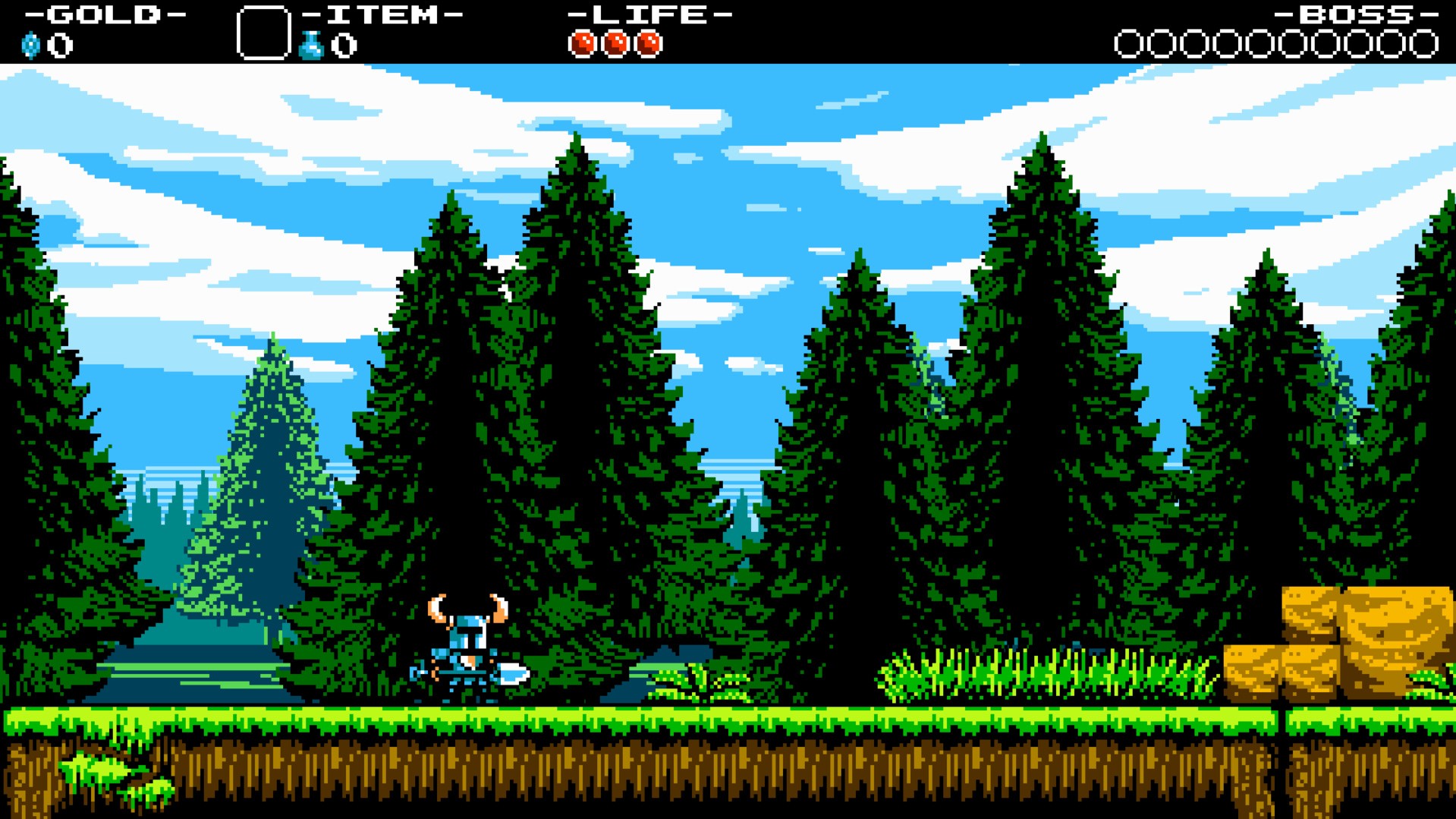 Shovel Knight screenshot: pixel art, side-scrolling, black outlines (environment)