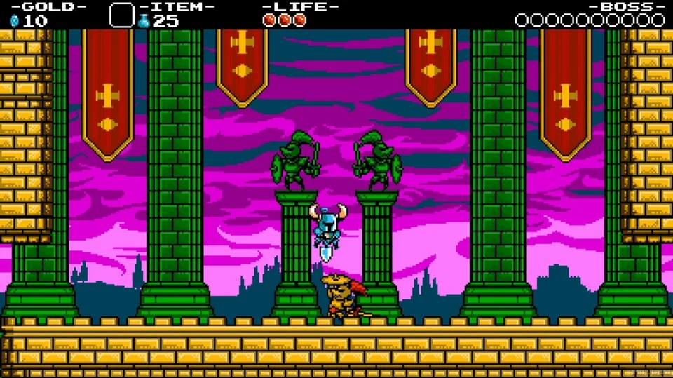 Shovel Knight screenshot: pixel art, side-scrolling, black outlines, flat / unlit (environment)