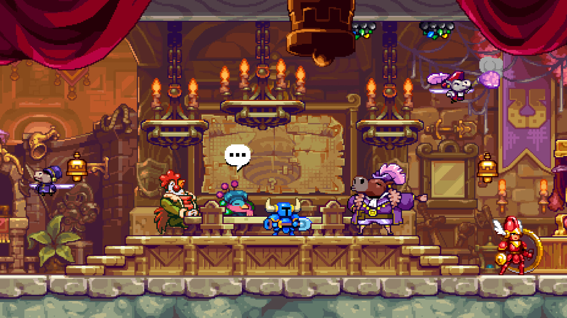 Shovel Knight Dig screenshot: pixel art, side-scrolling, colored outlines, baked lighting (environment, character)