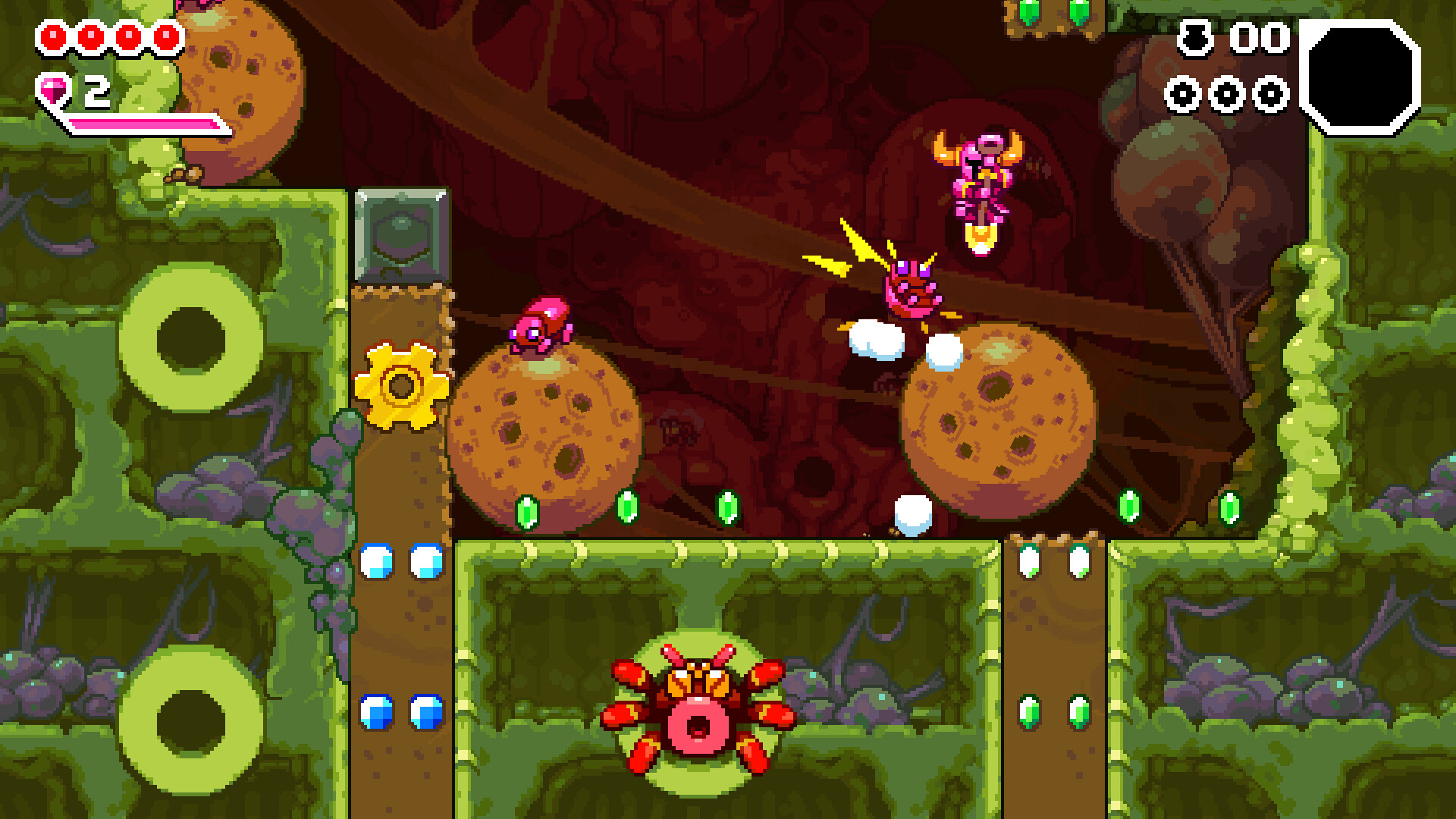 Shovel Knight Dig screenshot: pixel art, side-scrolling, colored outlines, baked lighting (environment, combat)