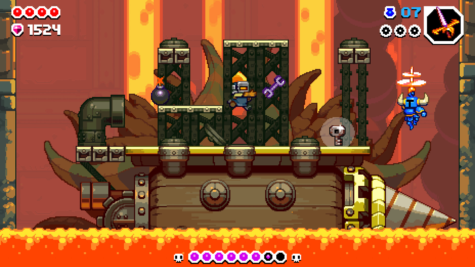 Shovel Knight Dig screenshot: pixel art, side-scrolling, colored outlines, baked lighting (environment, combat)