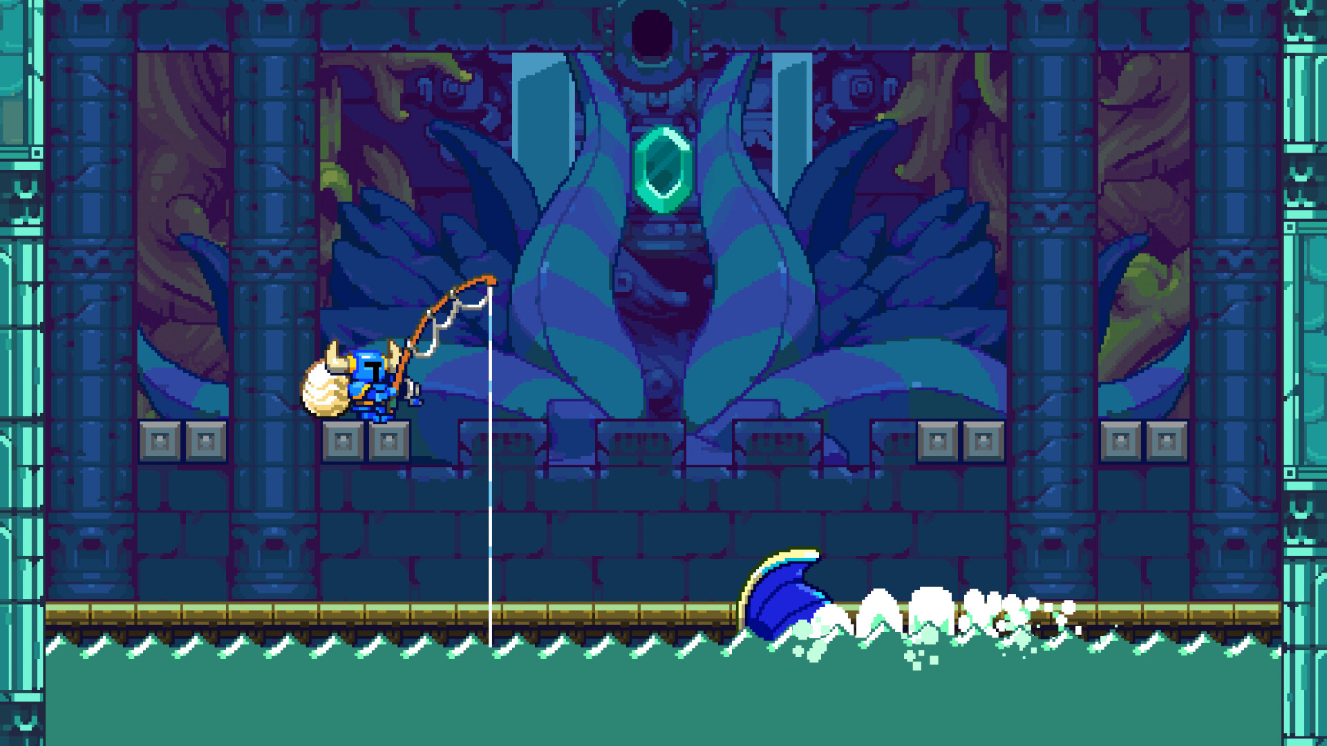 Shovel Knight Dig screenshot: pixel art, side-scrolling, colored outlines, baked lighting (environment, combat)