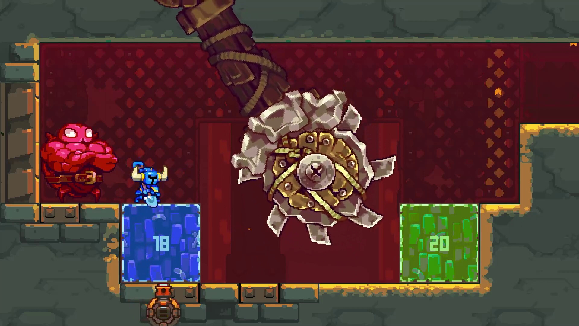 Shovel Knight Dig screenshot: pixel art, side-scrolling, colored outlines, baked lighting (environment, combat)