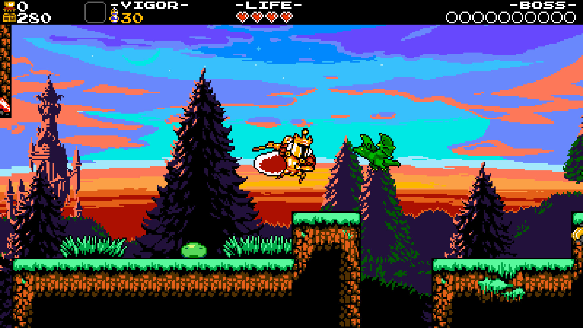 Shovel Knight: King of Cards screenshot: pixel art, side-scrolling, black outlines (environment)