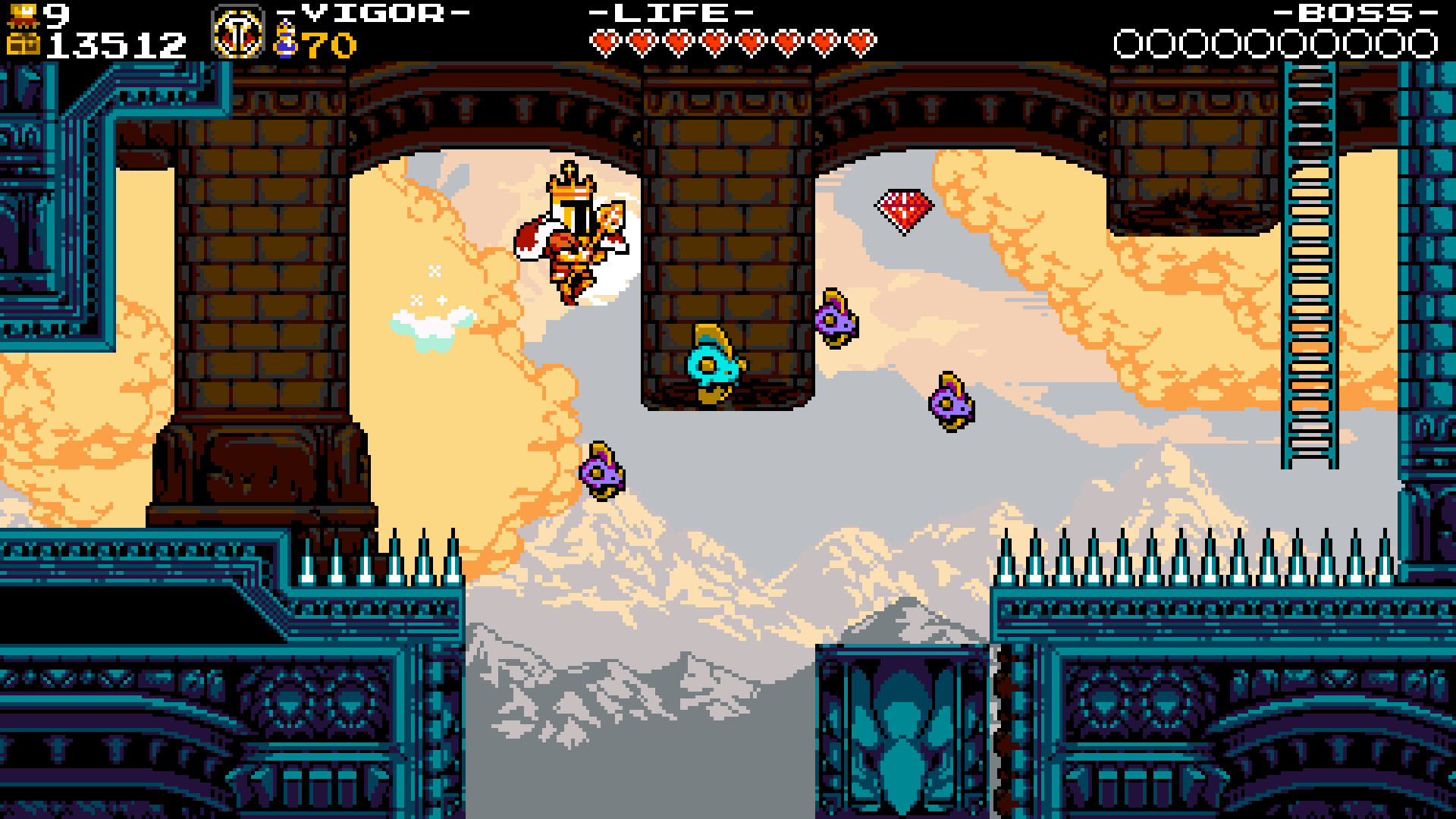 Shovel Knight: King of Cards screenshot: pixel art, side-scrolling, black outlines (environment)