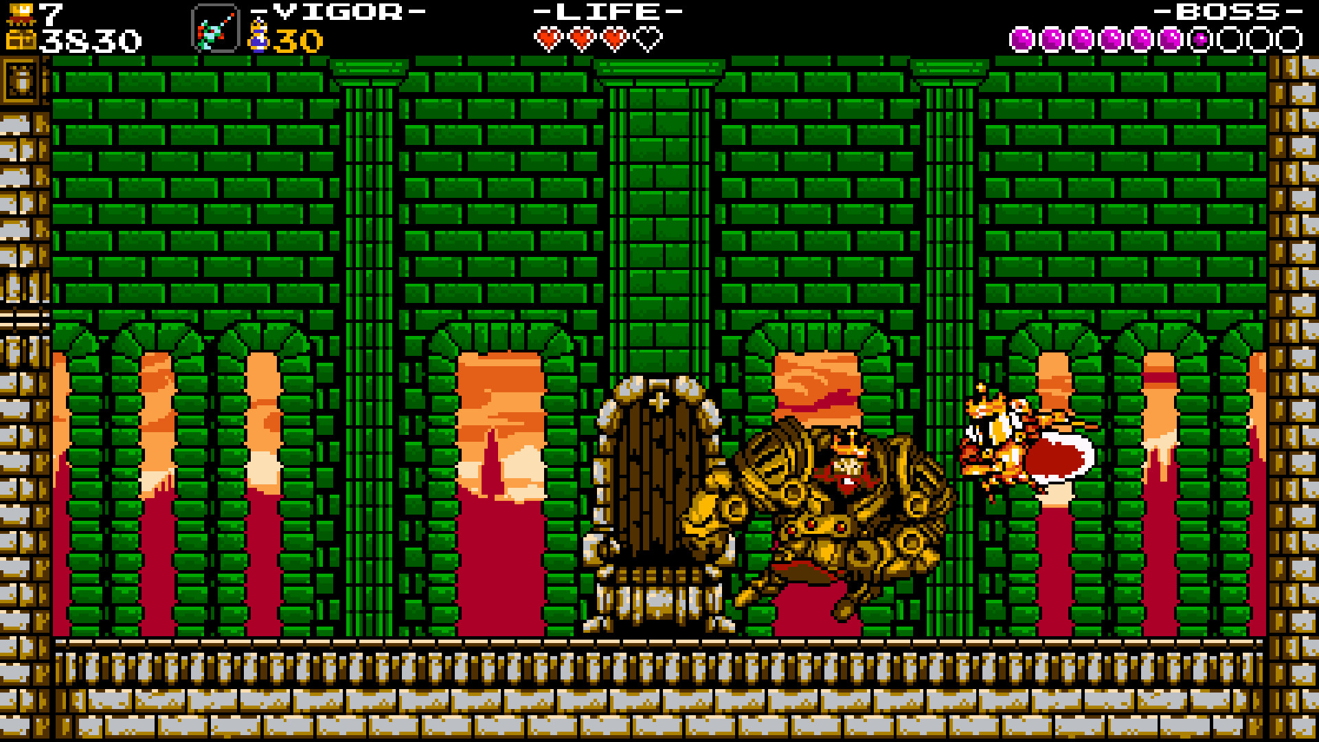 Shovel Knight: King of Cards screenshot: pixel art, side-scrolling, black outlines (environment, combat)