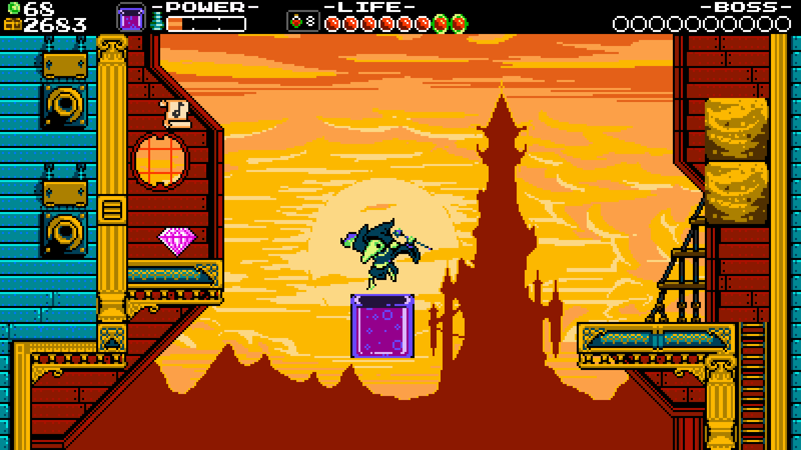Shovel Knight: Plague of Shadows screenshot: pixel art, side-scrolling, black outlines (environment)