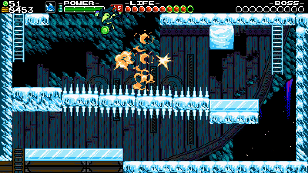 Shovel Knight: Plague of Shadows screenshot: pixel art, side-scrolling, black outlines (environment, combat)
