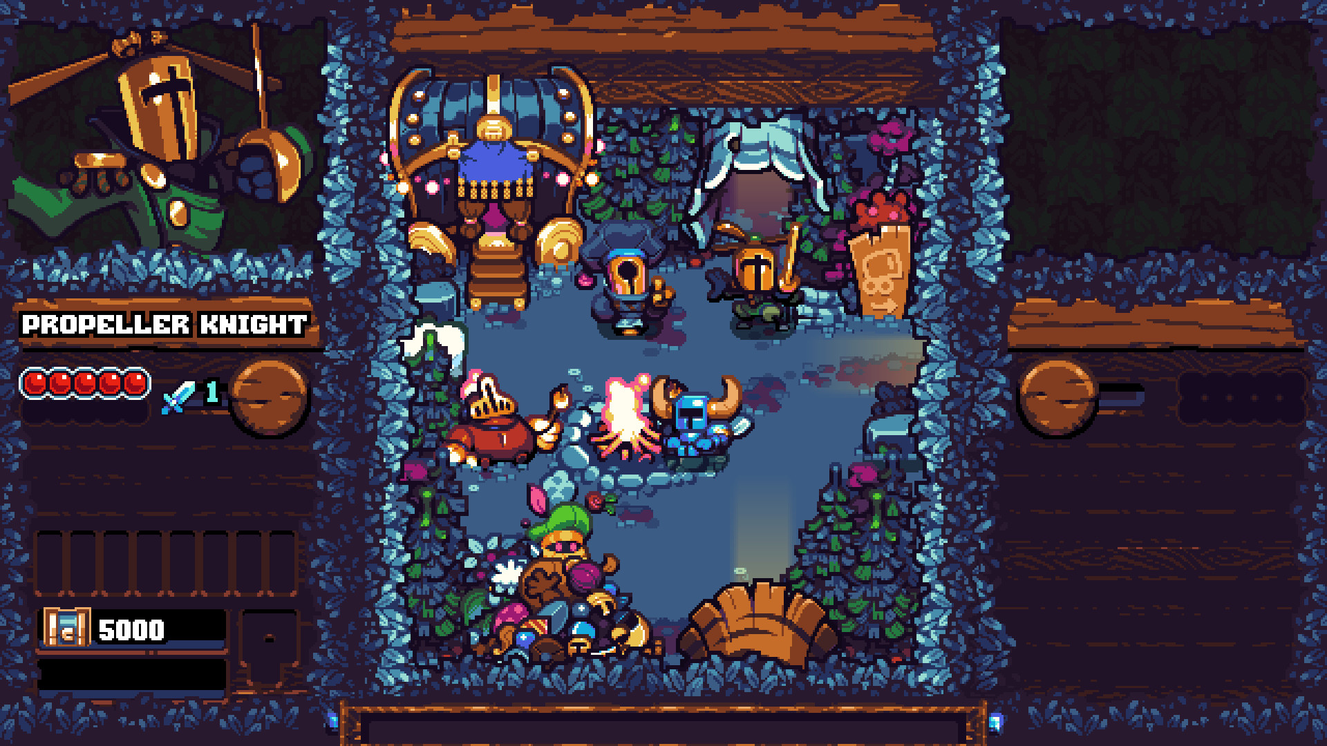 Shovel Knight Pocket Dungeon screenshot: pixel art, three-quarter, black outlines (environment, character)