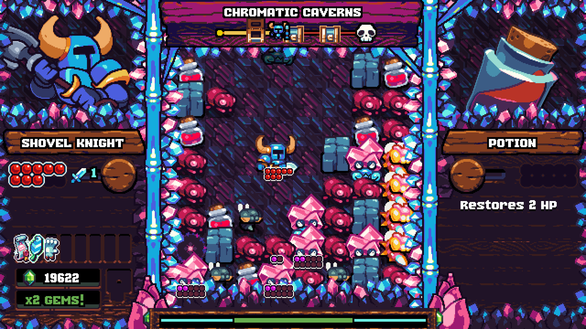 Shovel Knight Pocket Dungeon screenshot: pixel art, three-quarter, black outlines (environment, combat)