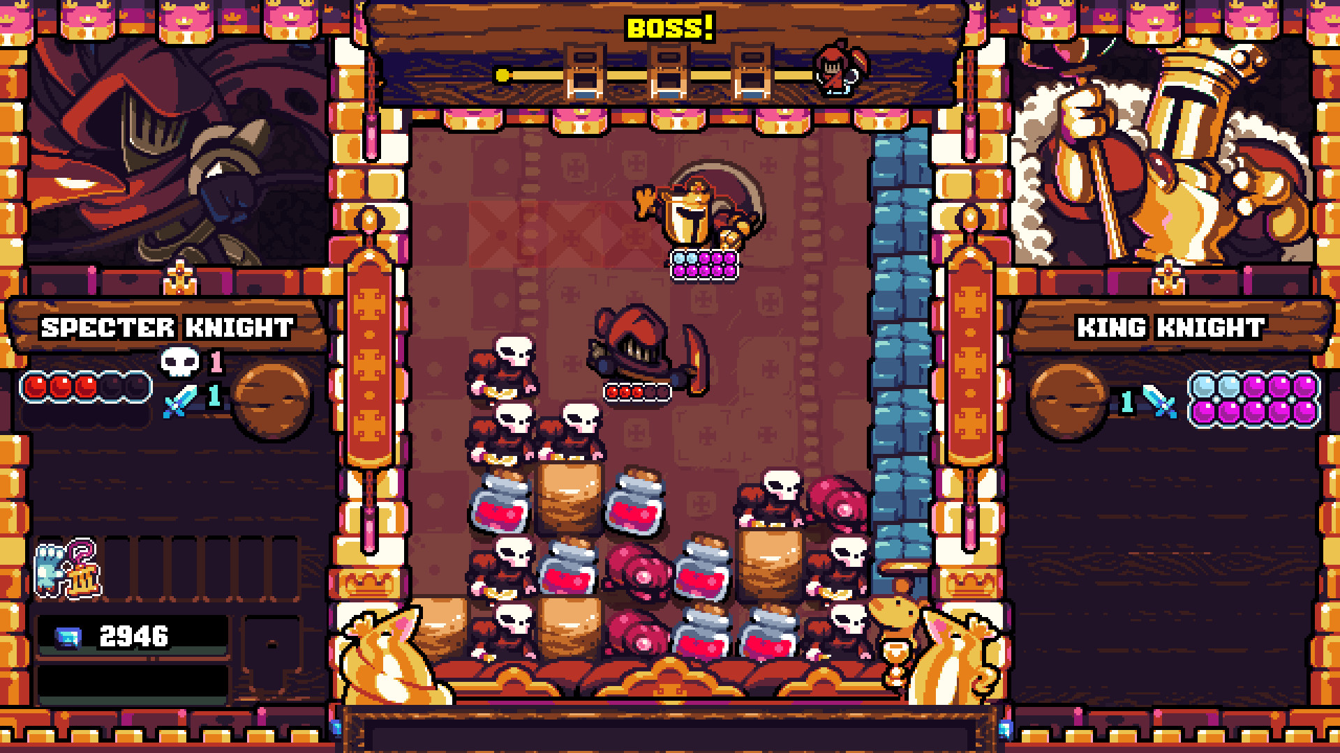 Shovel Knight Pocket Dungeon screenshot: pixel art, three-quarter, black outlines (environment, combat)