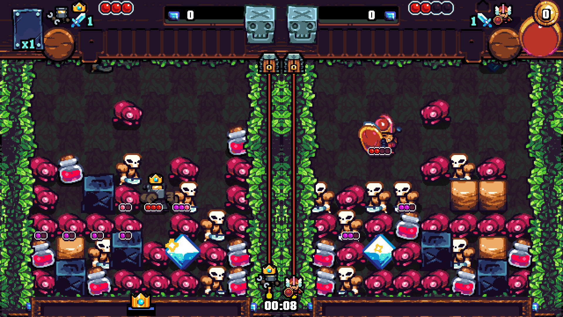 Shovel Knight Pocket Dungeon screenshot: pixel art, three-quarter, black outlines (combat)