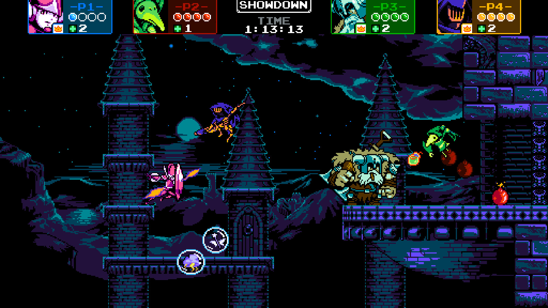 Shovel Knight Showdown screenshot: pixel art, side-scrolling, black outlines (environment, combat)