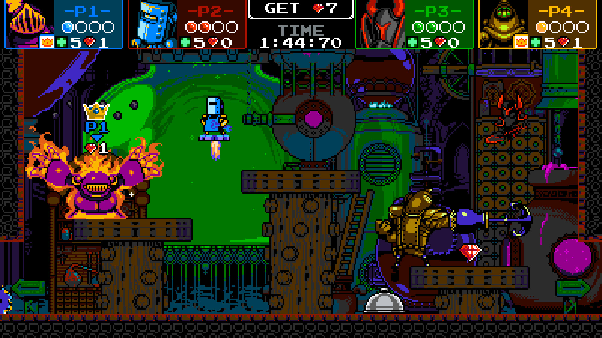 Shovel Knight Showdown screenshot: pixel art, side-scrolling, black outlines (environment, combat)