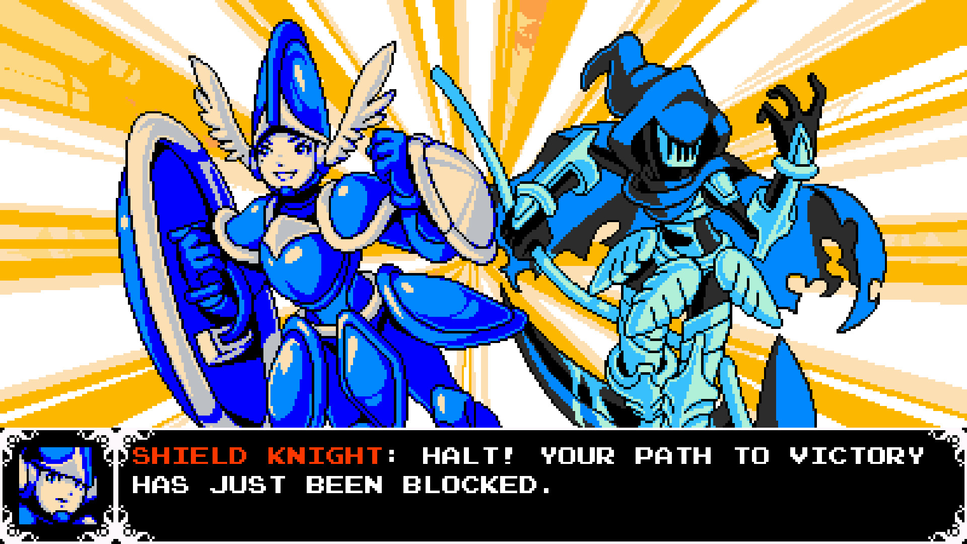 Shovel Knight Showdown screenshot: pixel art, side-scrolling, black outlines (character, cutscene)