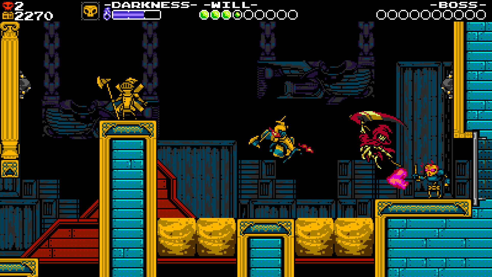 Shovel Knight: Specter of Torment screenshot: pixel art, side-scrolling, black outlines (environment, combat)