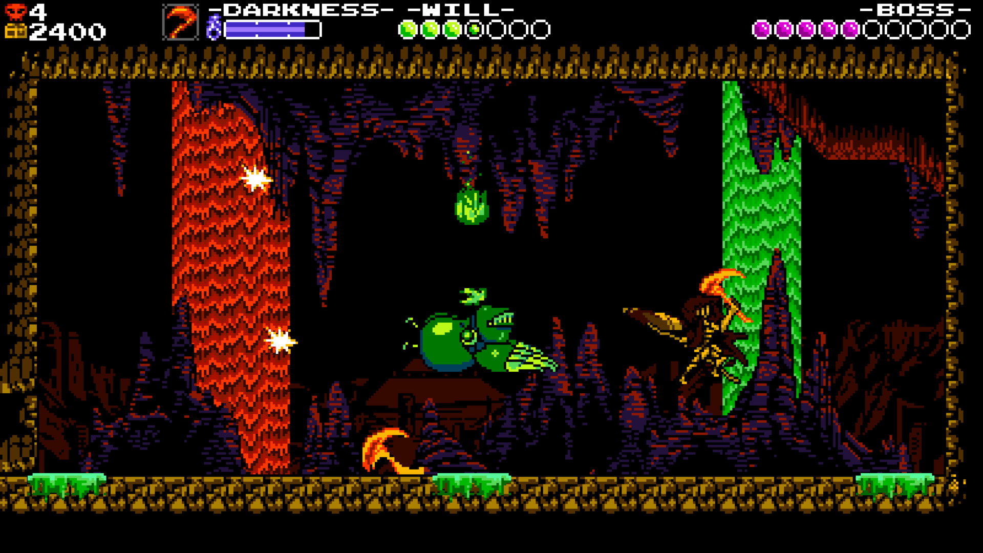 Shovel Knight: Specter of Torment screenshot: pixel art, side-scrolling, black outlines (environment, combat)
