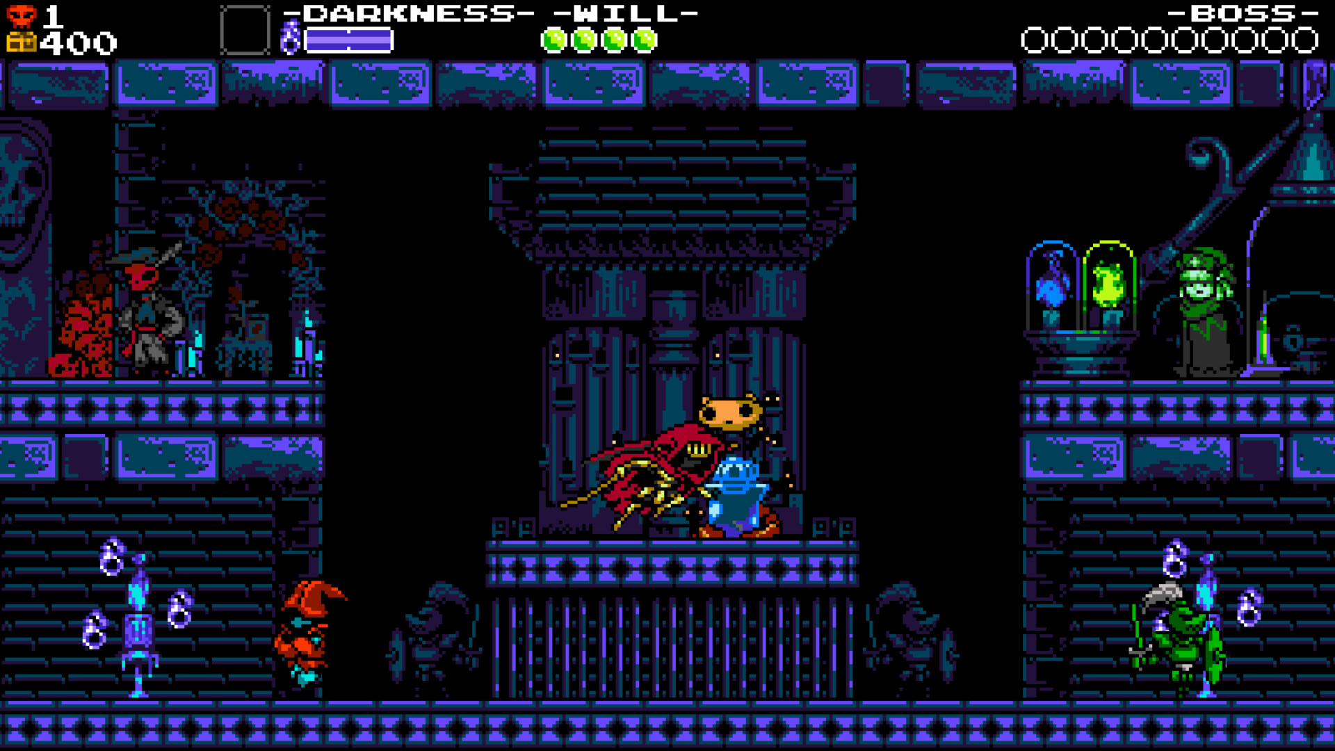 Shovel Knight: Specter of Torment screenshot: pixel art, side-scrolling, black outlines (environment, character)