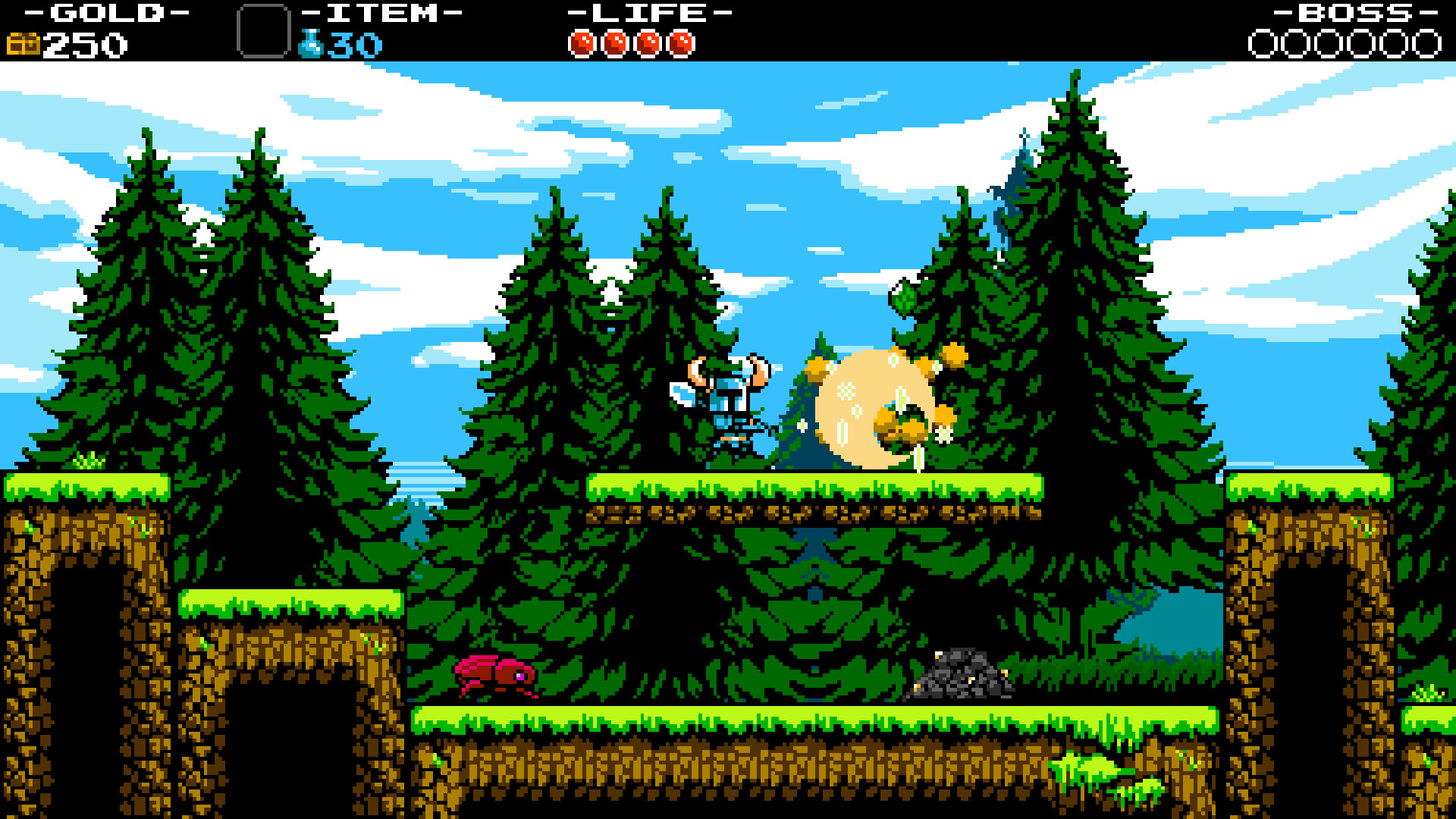 Shovel Knight: Treasure Trove screenshot: pixel art, side-scrolling, black outlines (environment, combat)