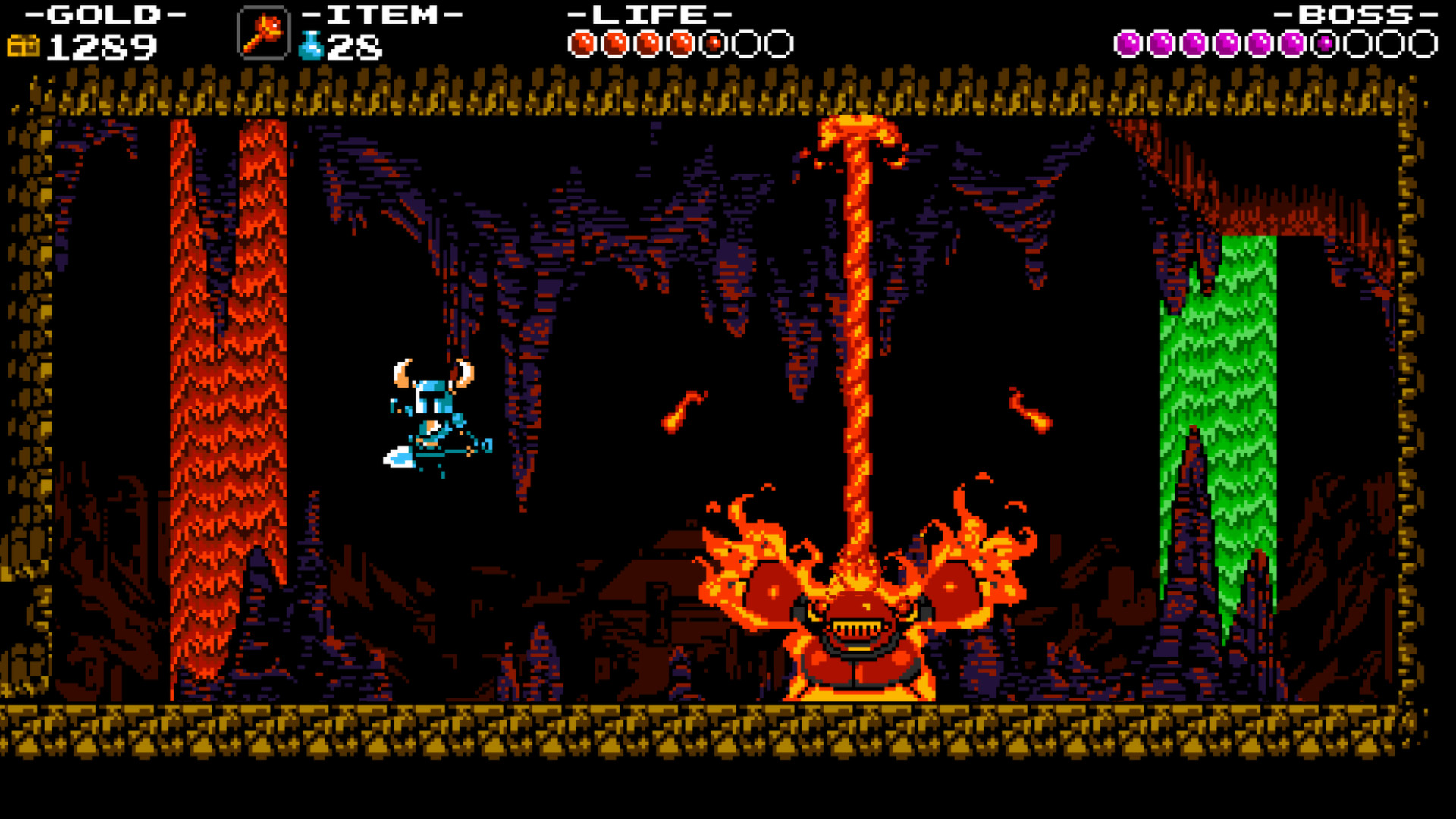 Shovel Knight: Treasure Trove screenshot: pixel art, side-scrolling, black outlines (environment, combat)