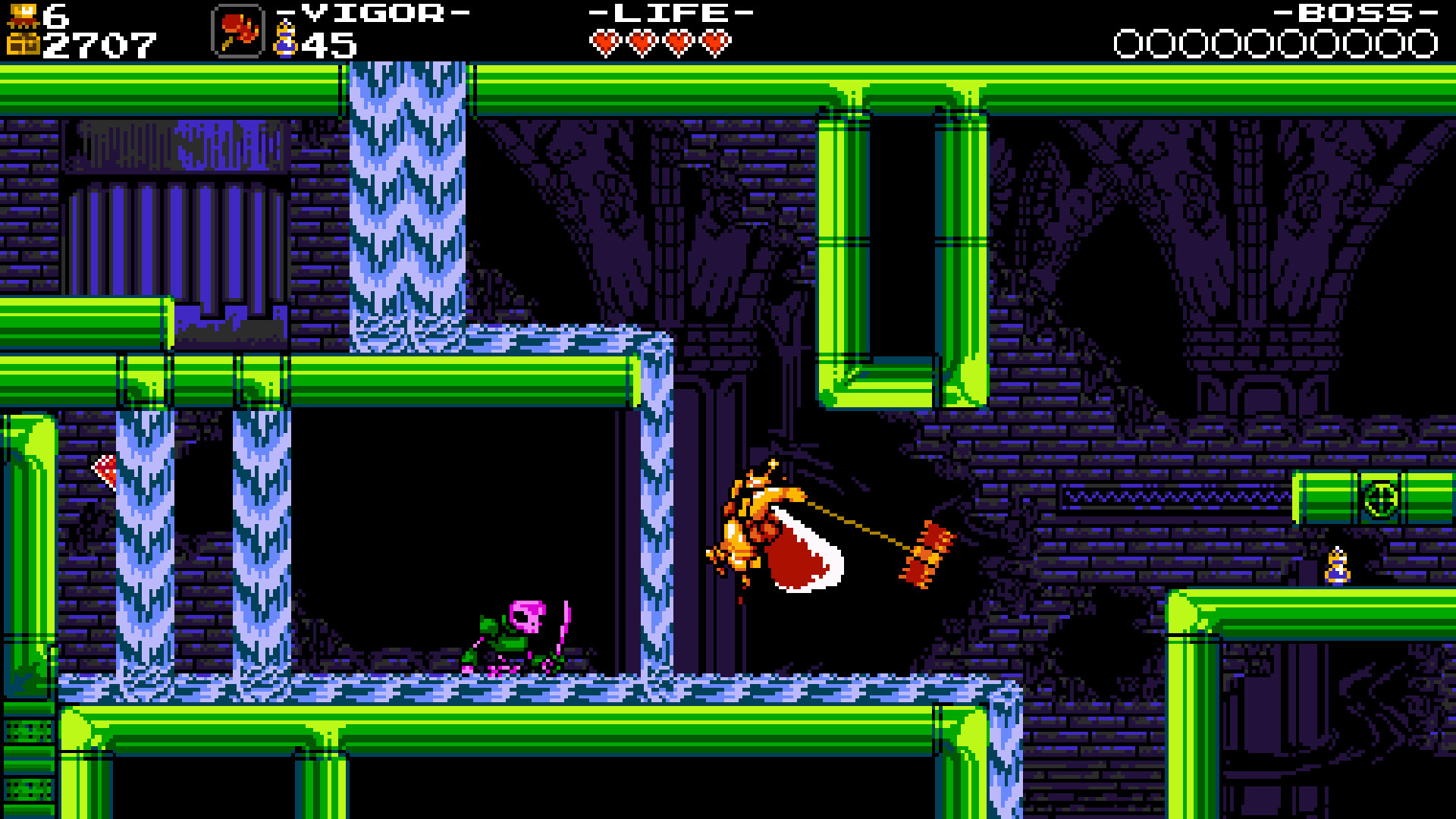 Shovel Knight: Treasure Trove (Windows) screenshot: pixel art, side-scrolling, black outlines (environment)