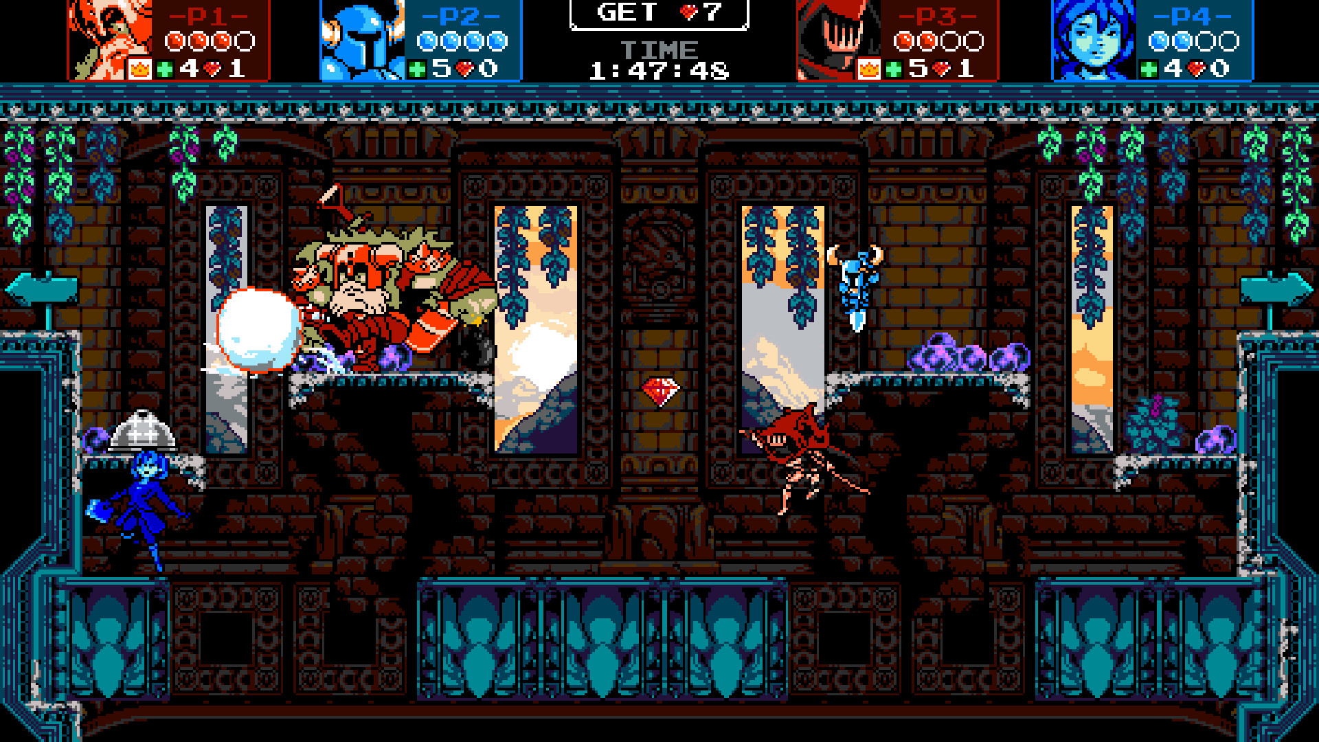 Shovel Knight: Treasure Trove (Windows) screenshot: pixel art, side-scrolling, black outlines (combat)