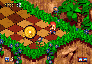 Sonic 3D Blast screenshot: pre-rendered, pixel art, isometric, baked lighting (environment, character)