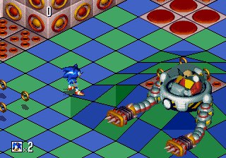 Sonic 3D Blast screenshot: pre-rendered, pixel art, isometric, baked lighting (environment, combat)