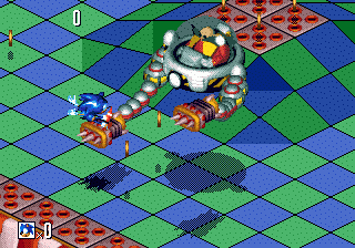 Sonic 3D Blast screenshot: pre-rendered, pixel art, isometric, baked lighting (environment, combat)