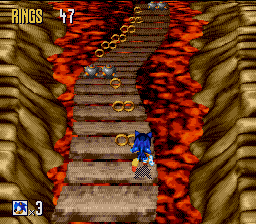 Sonic 3D Blast screenshot: pre-rendered, pixel art, isometric, baked lighting (environment, character)