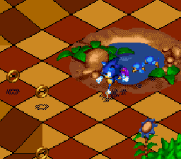 Sonic 3D Blast screenshot: pre-rendered, pixel art, isometric, baked lighting (environment, character)