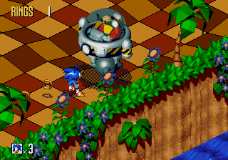 Sonic 3D Blast screenshot: pre-rendered, pixel art, isometric, baked lighting (environment, character, combat)