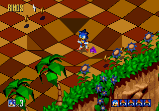 Sonic 3D Blast screenshot: pre-rendered, pixel art, isometric, baked lighting (environment, character)