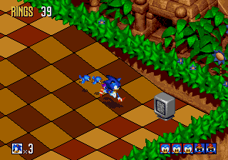 Sonic 3D Blast screenshot: pre-rendered, pixel art, isometric, baked lighting (environment, character)