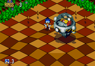 Sonic 3D Blast screenshot: pre-rendered, pixel art, isometric, baked lighting (environment, combat)
